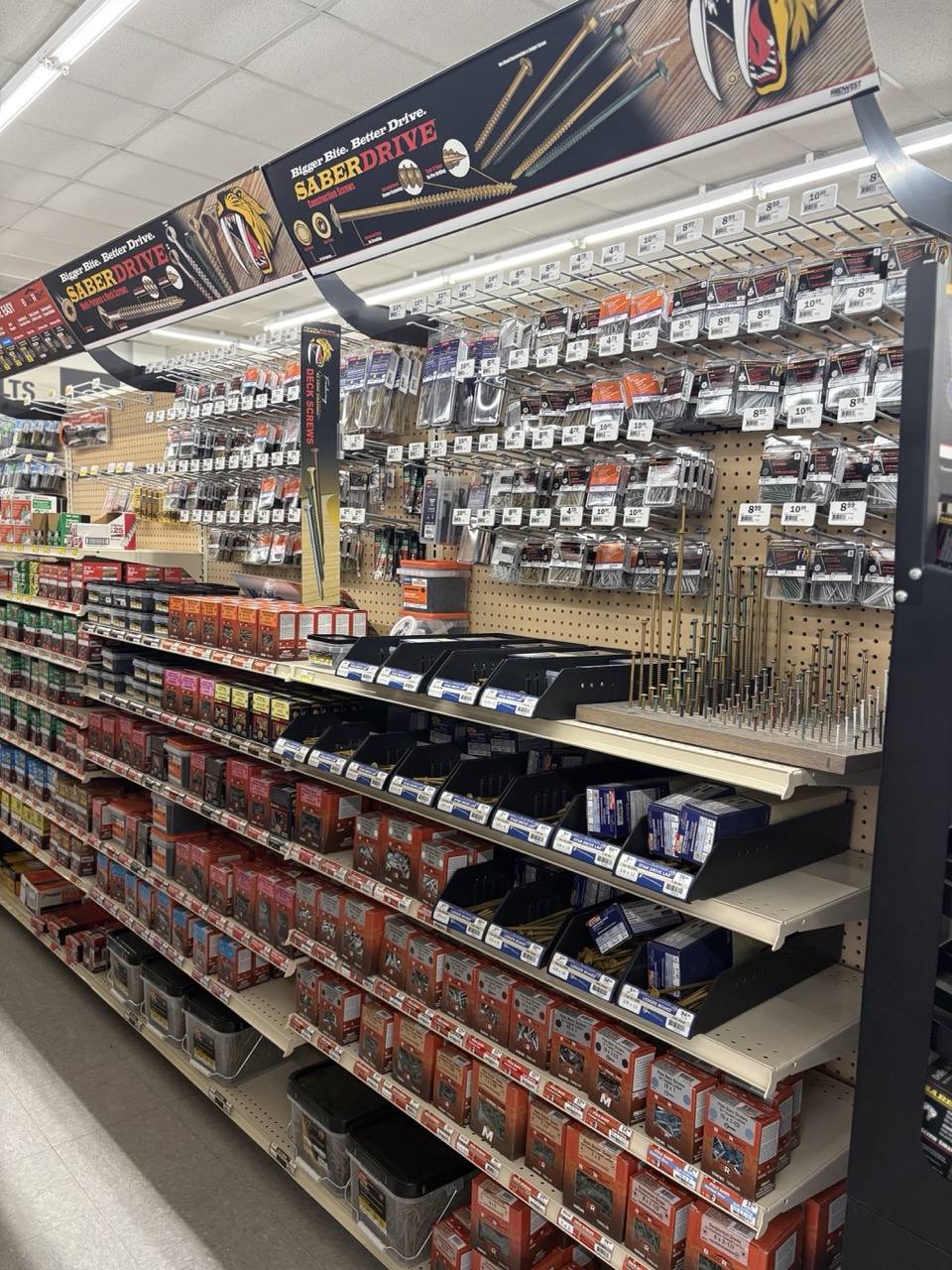 Fasteners and hardware aisle inside Franklinville Hardware